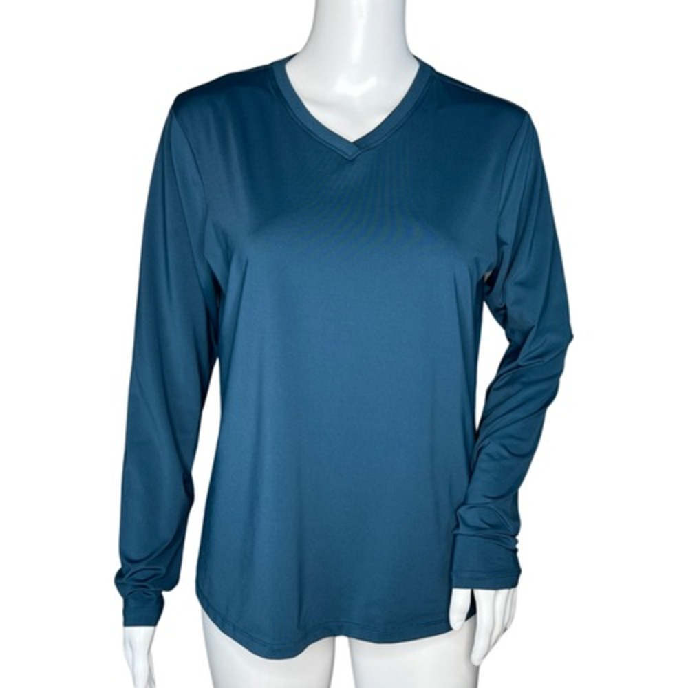 REI Performance Shirt Women Small Teal Blue V-Neck Long Sleeve Casual Gorpcore